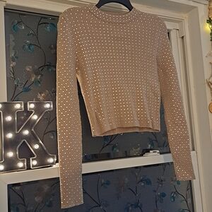 Beaded Rib-Knit Crop Sweater - Beige